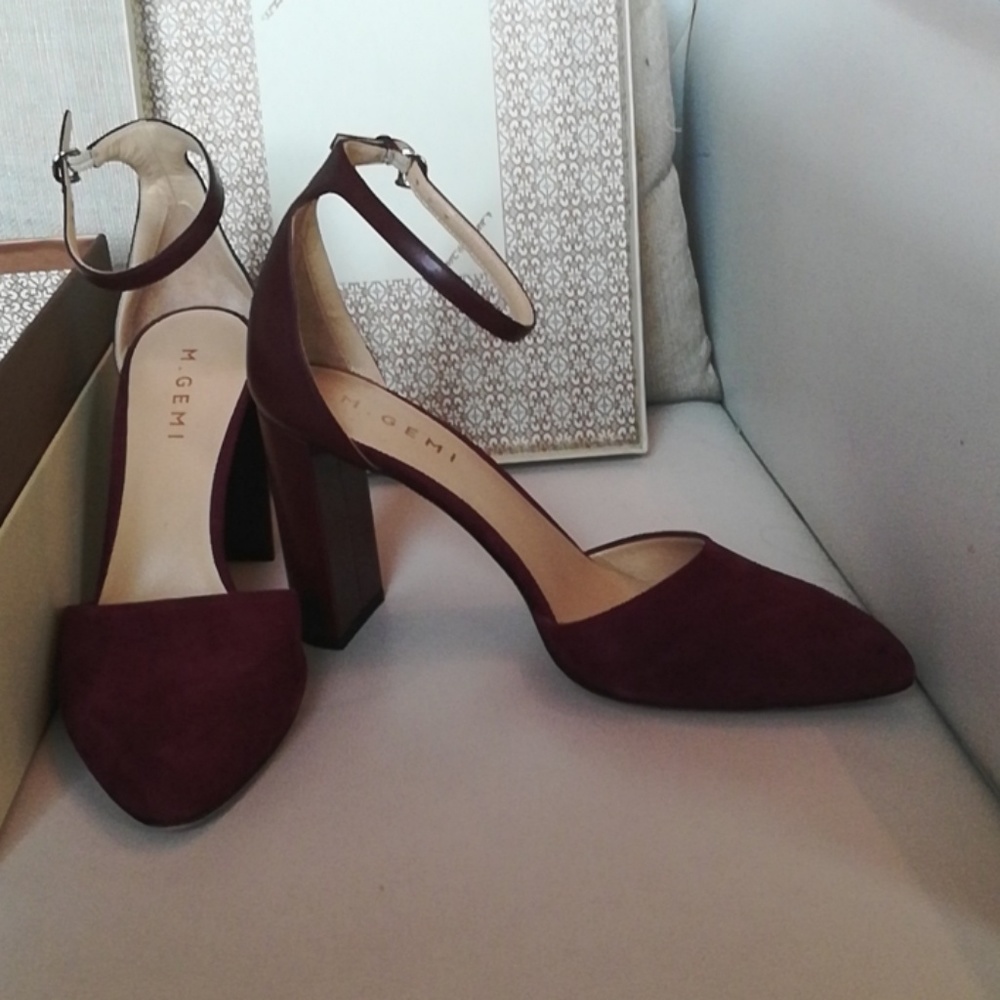 M. Gemi Women's Burgundy Suede Block Heel Pumps with Ankle Strap